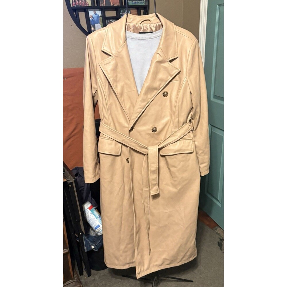 7 For All Mankind Faux Leather Double Breasted Trench Coat Tan Brown Large